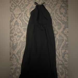 Jarlo black gown with open back and ornamented halter, worn 2x only.